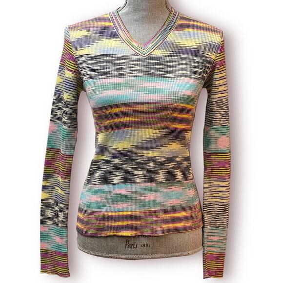 Missoni Sweaters - MISSONI Soft Wool Blend Space Dye V-Neck Sweater Top Yellow Mint Black and White